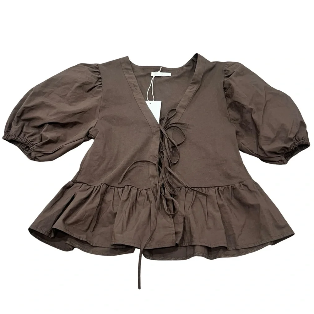 Zara Brown Tie Oversized Puff Sleeve Peplum Top NWT Costal Cowgirl Boho Feminine - Picture 6 of 10